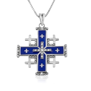 Jerusalem Cross Necklace in 925 Sterling Silver and Blue Enamel 