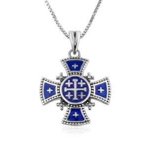 925 Sterling Silver Jerusalem Cross Necklace with Blue Enamel and Dotted Detailing