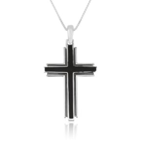 Lined Sterling Silver Latin Cross Pendant with Onyx - Unisex
