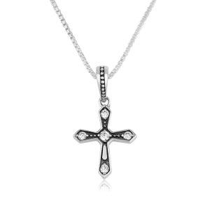 Women's Darkened Sterling Silver Latin Cross Necklace with Zircon Stones