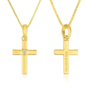 Gold-Plated "G-d Bless You" Latin Cross Pendant with Cubic Zirconia
