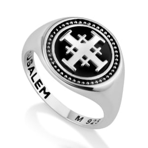 Marina Jewelry Sterling Silver and Onyx Jerusalem Cross Ring with Beaded Design