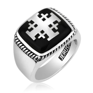 Marina Jewelry Men's Sterling Silver Square Jerusalem Cross Ring with Onyx