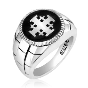 Men's Sterling Silver Jerusalem Cross Ring with Onyx and Interior Inscription by Marina Jewelry