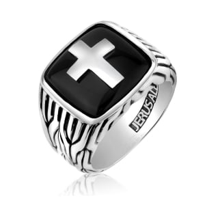 Square Sterling Silver Latin Cross Ring with Onyx Stone