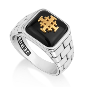 Men's Sterling Silver Jerusalem Cross Western Wall Ring with Onyx by Marina Jewelry