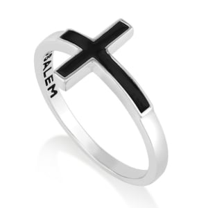 Women's Slim Sterling Silver Latin Cross Ring with Black Enamel by Marina Jewelry