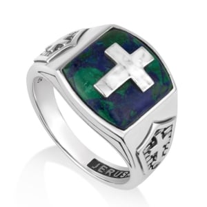 Bold Sterling Silver Latin Cross Ring with Eilat Stone and Crest for Men