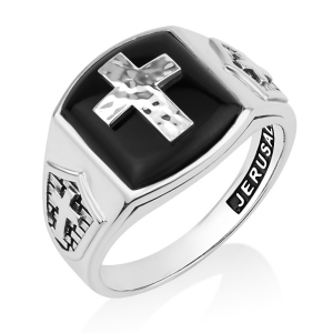 Men's Sterling Silver Latin Cross Square Ring with Onyx by Marina Jewelry