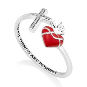 Women's Sterling Silver Latin Cross and Enamel Sacred Heart Ring by Marina Jewelry