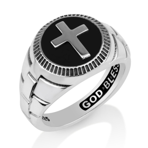 Men's Sterling Silver Latin Cross Ring with Onyx and Brick Design by Marina Jewelry