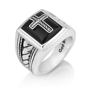 Men's Sterling Silver Square Latin Cross Ring with Onyx and Rope Design