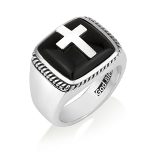Sterling Silver Latin Cross Ring with Onyx and Rope Design for Men