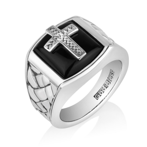 Men's Sterling Silver Square Latin Cross Men's Ring with Onyx