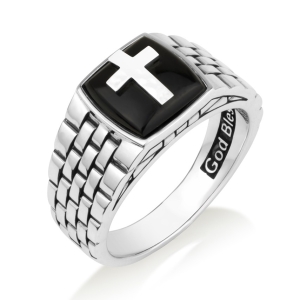 Thick Sterling Silver Latin Cross and Chain Link Design for Men with Onyx Stone