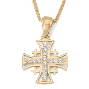 Polished 14K Yellow Gold Jerusalem Cross Pendant Necklace with Zircons