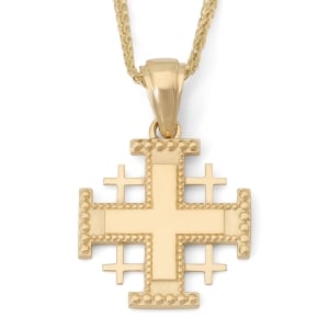 Polished 14K Gold Jerusalem Cross Pendant Necklace with Dotted Design