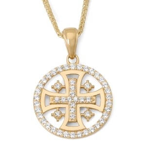 Women's Round 14K Gold Jerusalem Cross Pendant Necklace with 50 Zircons