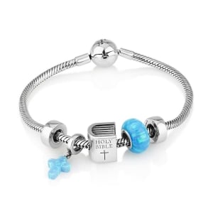 Marina Jewelry Sterling Silver Five Bead Blue Opal Christian Charm Bracelet
