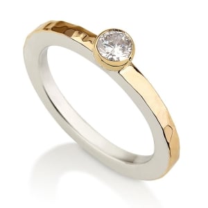 925 Sterling Silver & 9K Gold Hammered Ring with Zircon Stone