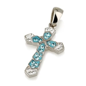 925 Sterling Silver Scalloped Cross Necklace with Crystal Stones (Choice of Color)