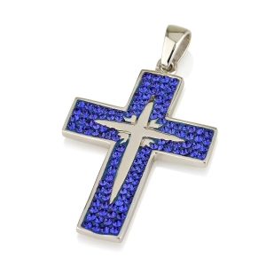 925 Sterling Silver Latin Cross Necklace with Cubic Zirconia and Star of Bethlehem Motif (Choice of Color)