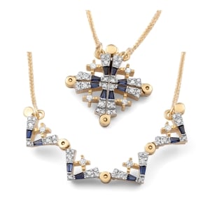 14K Gold Convertible Jerusalem Cross Necklace with 32 White Diamonds and Sapphire Corundum Stones