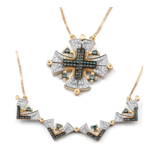 Majestic 14K Gold Convertible Jerusalem Cross Necklace with 96 Blue and White Diamonds