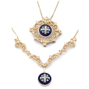 Vintage 14K Gold Convertible Jerusalem Cross Necklace with 25 White Diamonds and Blue Enamel
