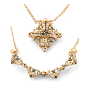 14K Yellow Gold Convertible Jerusalem Cross Necklace with 32 Blue and White Diamonds