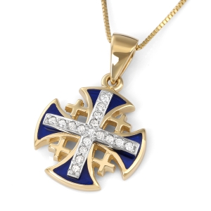 14K Gold Jerusalem Cross Pendant Necklace with 17 Diamonds and Blue Enamel in Yellow or White Gold