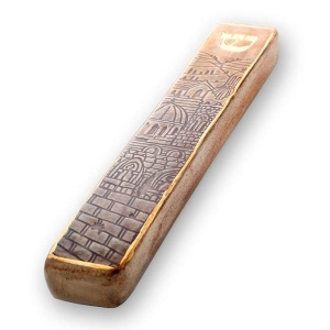 Art in Clay Handmade Ceramic Jerusalem Sunrise Mezuzah Case With 24K Gold
