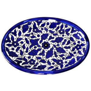 Armenian Ceramic Blue and White Flowers Oval Plate