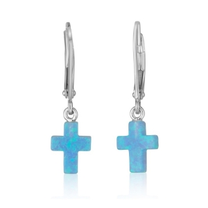 Sterling Silver and Blue Opal Latin Cross Dangle Earrings
