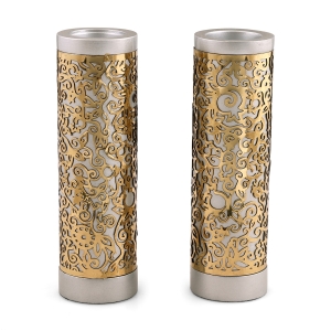 Yair Emanuel Floral Pomegranate Metal Cutout Candlesticks 