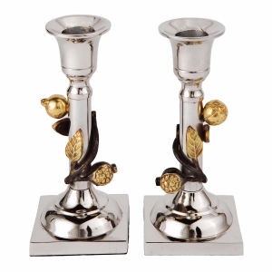 Yair Emanuel Tall Stainless Steel Candlesticks (Golden Pomegranates)