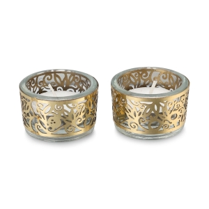 Glass Tea Light Holders with Metal Floral Cutout Design by Yair Emanuel