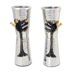 Elongated Stainless Steel Hammered Tree of Life Candlesticks by Yair Emanuel
