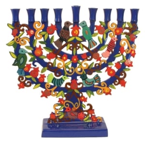 Yair Emanuel Painted Metal Hanukkah Menorah - Arches, Pomegranates, Birds
