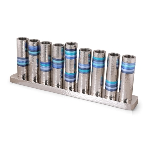 Yair Emanuel Hammered Nickel and Colorful Rings Cylindrical Hanukkah Menorah (Choice of Colors)