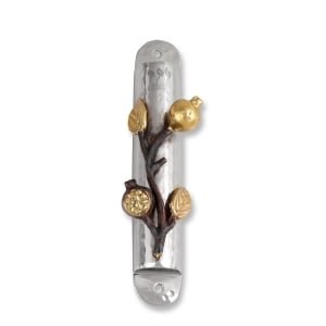 Yair Emanuel Stainless Steel Mezuzah Case with Golden Pomegranates