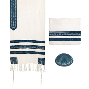Yair Emanuel Embroidered Striped Tallit Prayer Shawl Set (Blue)