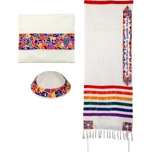 Yair Emanuel Cotton Prayer Shawl with Geometric Shapes and Star of David (Rainbow) 