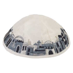 Yair Emanuel Jerusalem Design Embroidered Silk Kippah (Black and White)