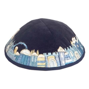 Yair Emanuel Embroidered Blue Velvet Kippah with Jerusalem Border (Blue)