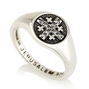 Emuna Studio 925 Silver Jerusalem Cross Ring with Zircon Stones