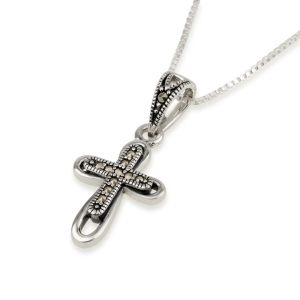 Sterling Silver Doubled Latin Cross Pendant with Marcasite and Notched Design