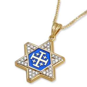 Deluxe 14K Yellow Gold Diamond-Set Star of David Pendant Necklace with Jerusalem Cross and Blue Enamel Inlay
