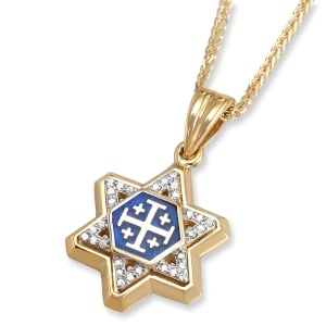 14K Yellow Gold Diamond-Set Star of David Pendant Necklace with Jerusalem Cross and Blue Enamel Inlay
