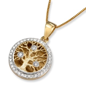 Anbinder 14K Gold Diamond-Studded Round Tree of Life Pendant with Diamond Border